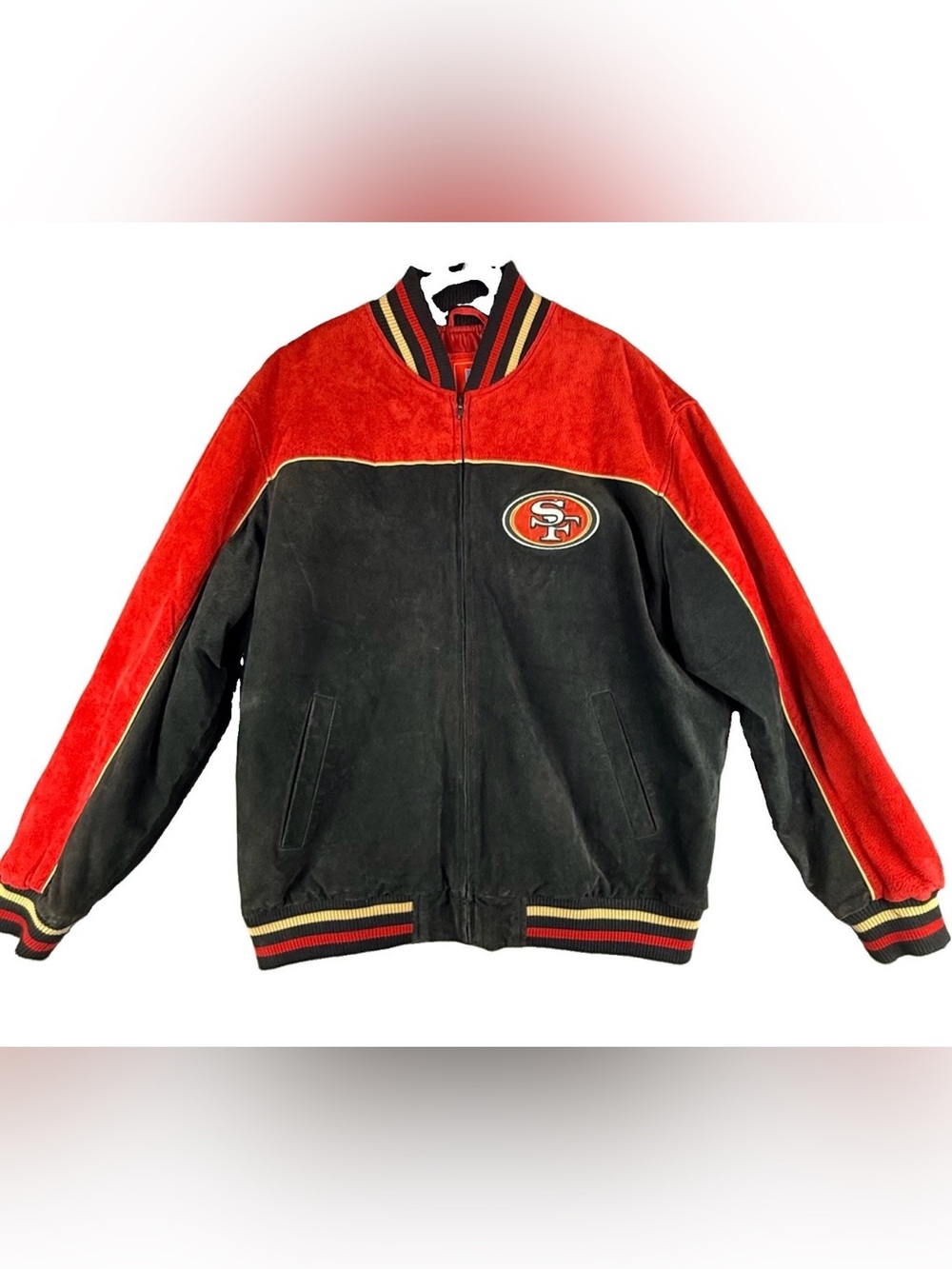 San Francisco 49ers Leather Bomber Jacket Men’s XL Black Red Full Zip.NFL. READ